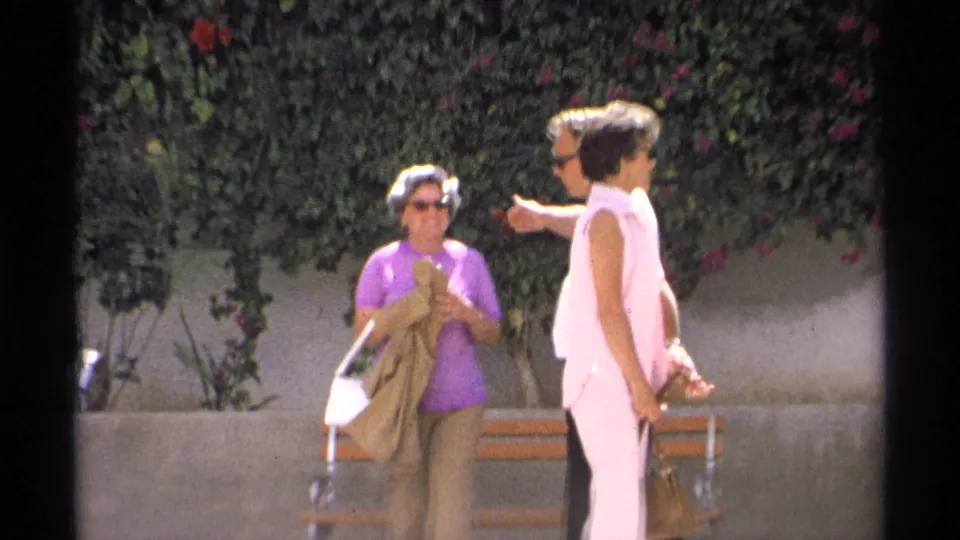 Two women, one in purple and one in pink, stand with a man near a wooden bench under a flowering hedge in 1975 Guaymas footage.