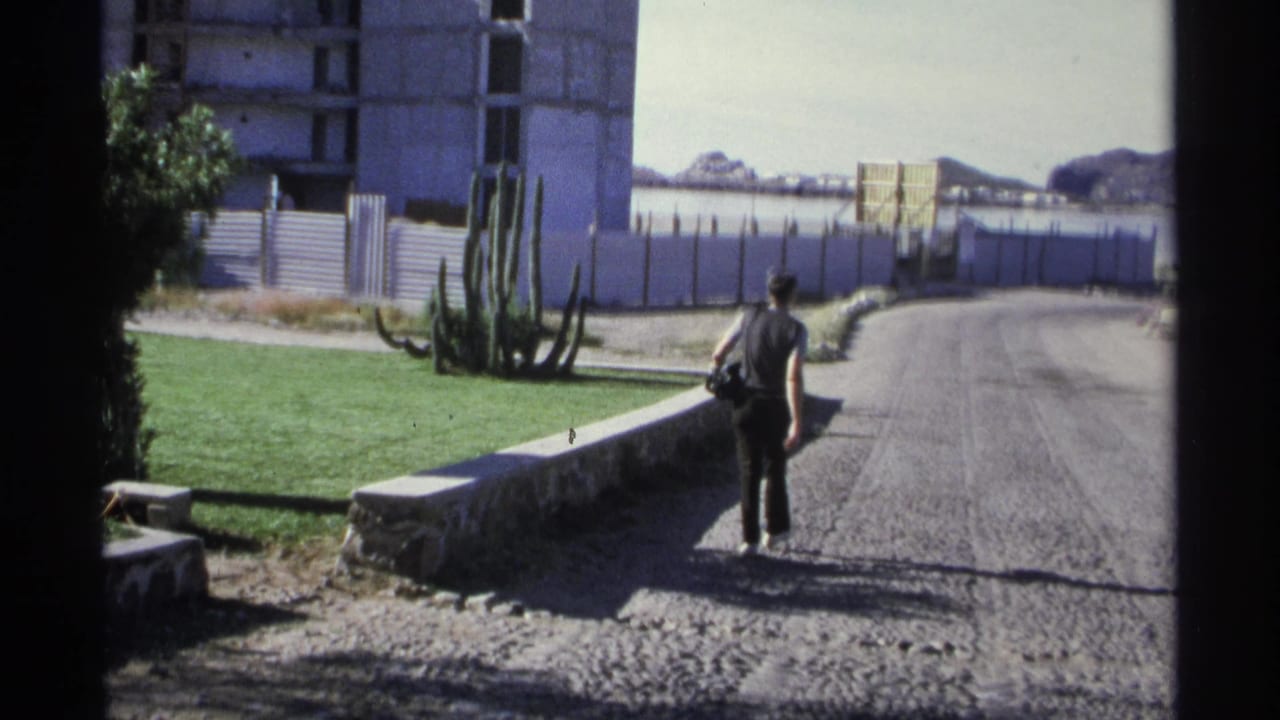 A person walks away along a rough Guaymas road near tall cactus, green grass, fencing, and an unfinished structure.