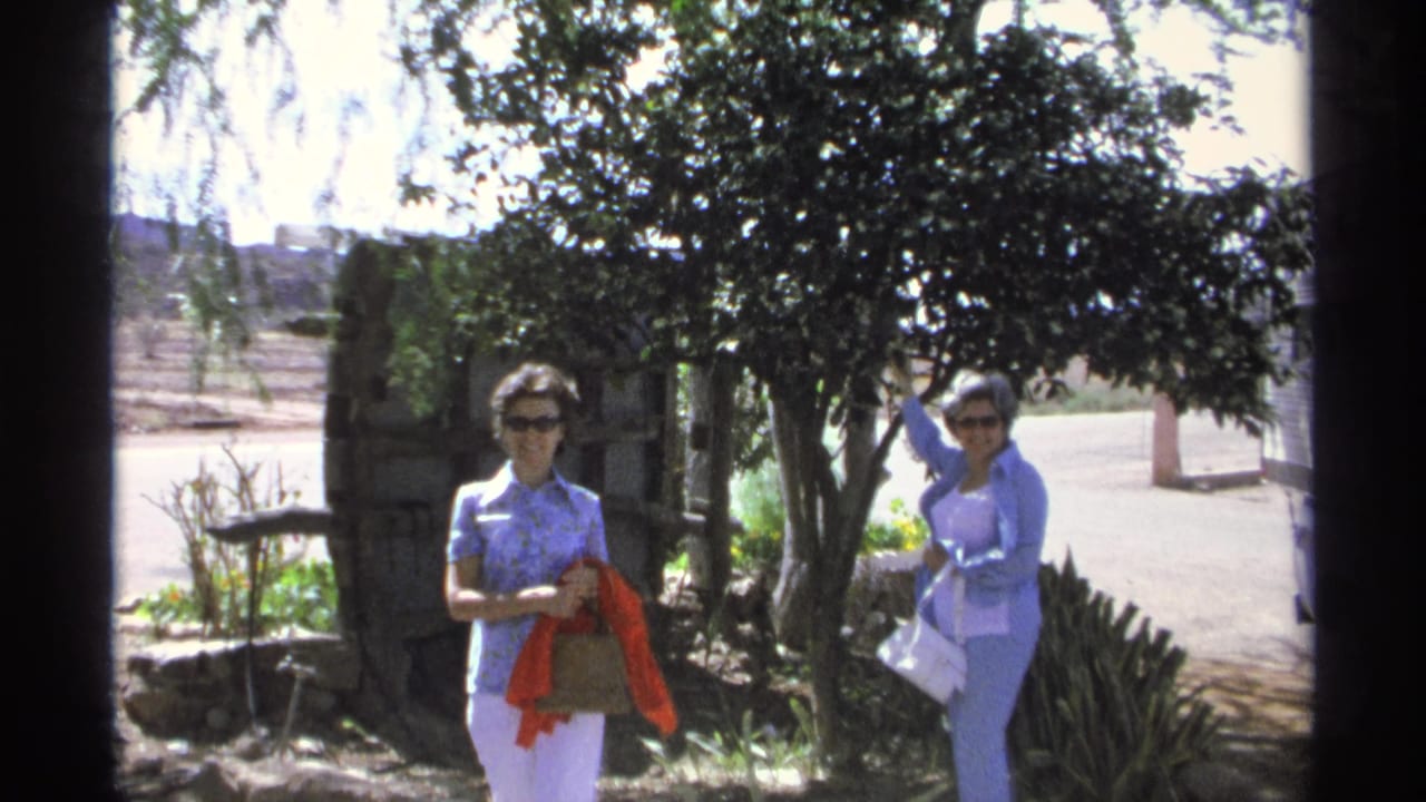 One woman holds a red scarf while another raises a hand toward tree leaves.
