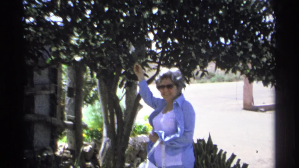 The final frame isolates a woman in sunglasses and a light blue outfit smiling as she holds or touches leaves in the Guaymas outdoor setting.