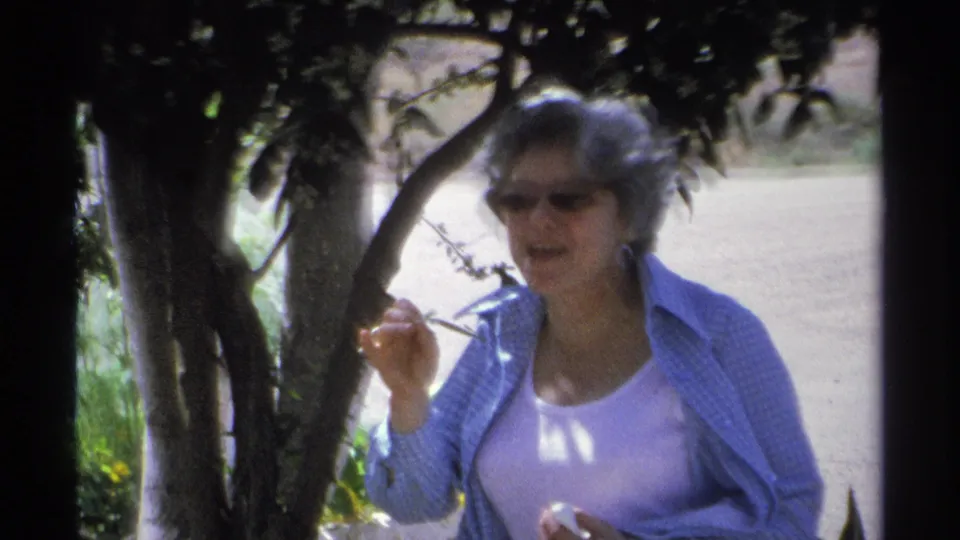A woman in sunglasses appears to examine a small branch, leaf, or fruit after picking it from the tree.