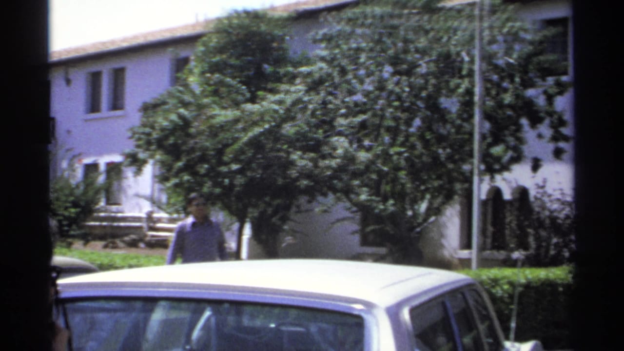 White hotel building behind trees, a parked car, and a man standing near the left side.