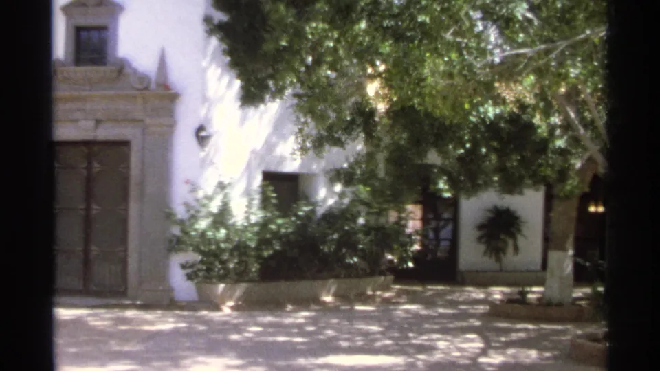 1975 Guaymas courtyard view with white walls, dark wood doors, potted greenery, and tree shadows across paving.