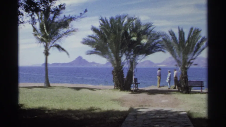 1975 Guaymas home-movie frame showing three adults near palm trees on a waterfront promenade with blue sea and mountains behind them.