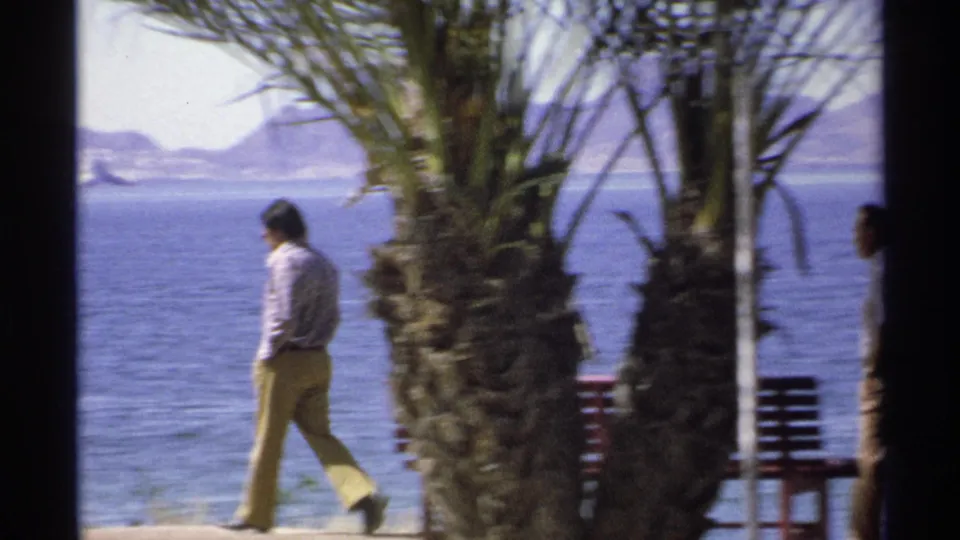 A man in light clothing walks along the Guaymas shoreline path, partly framed by palms, with water and mountains beyond.