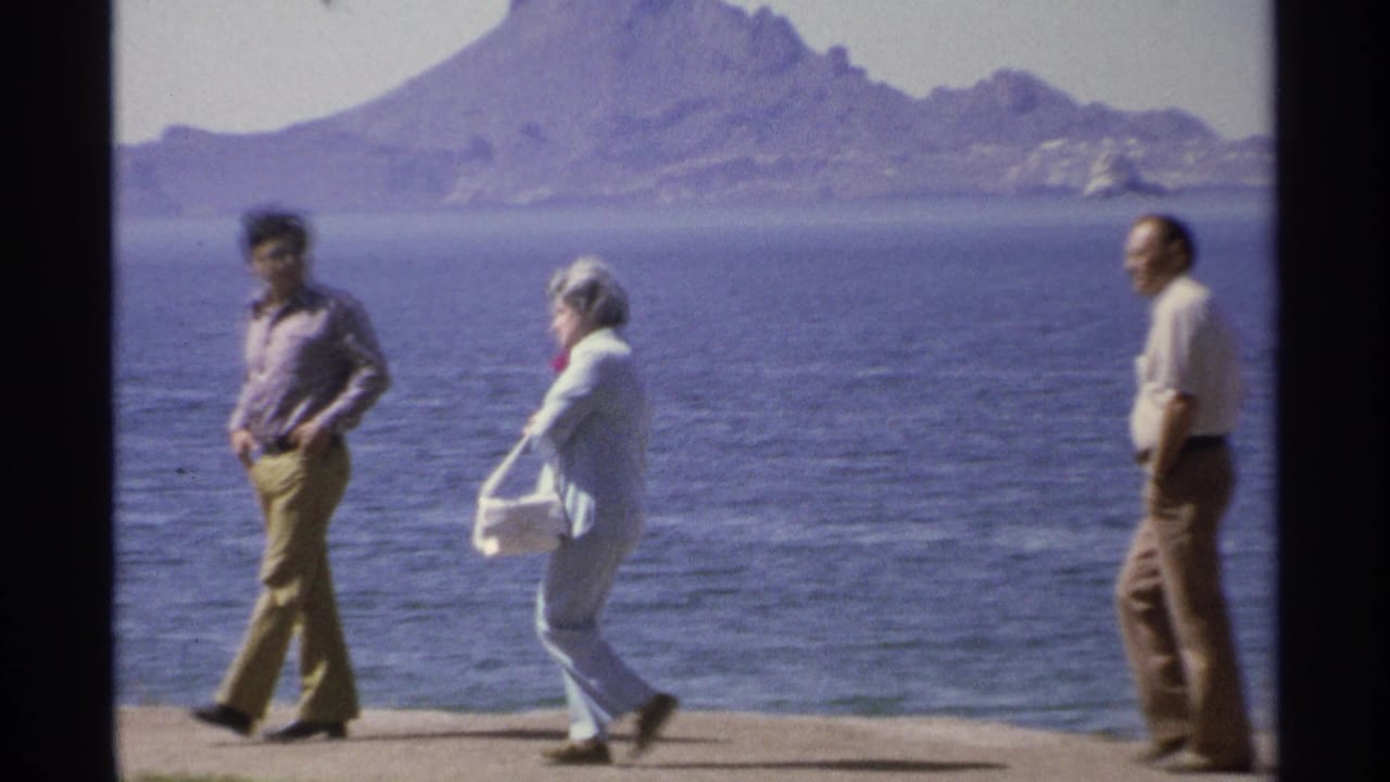 Two adults walk while another man stands or walks farther right beside the ocean.