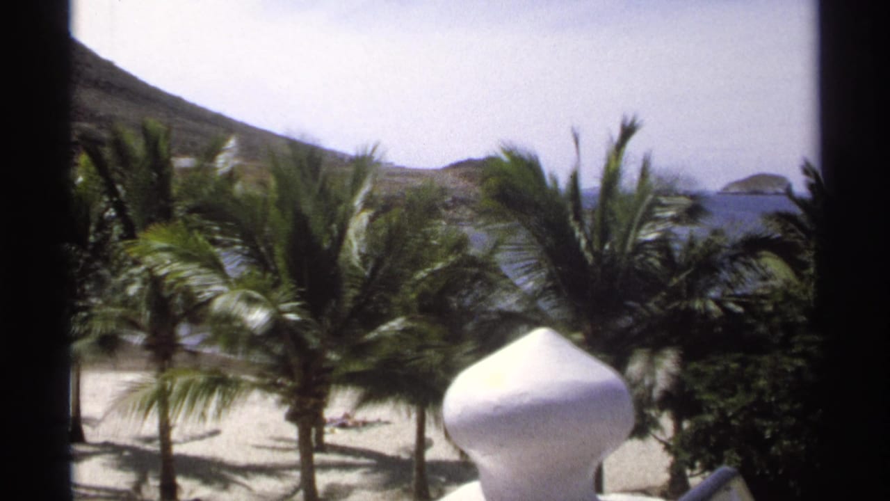 Balcony view over palm trees, sandy beach, ocean, and distant islands.