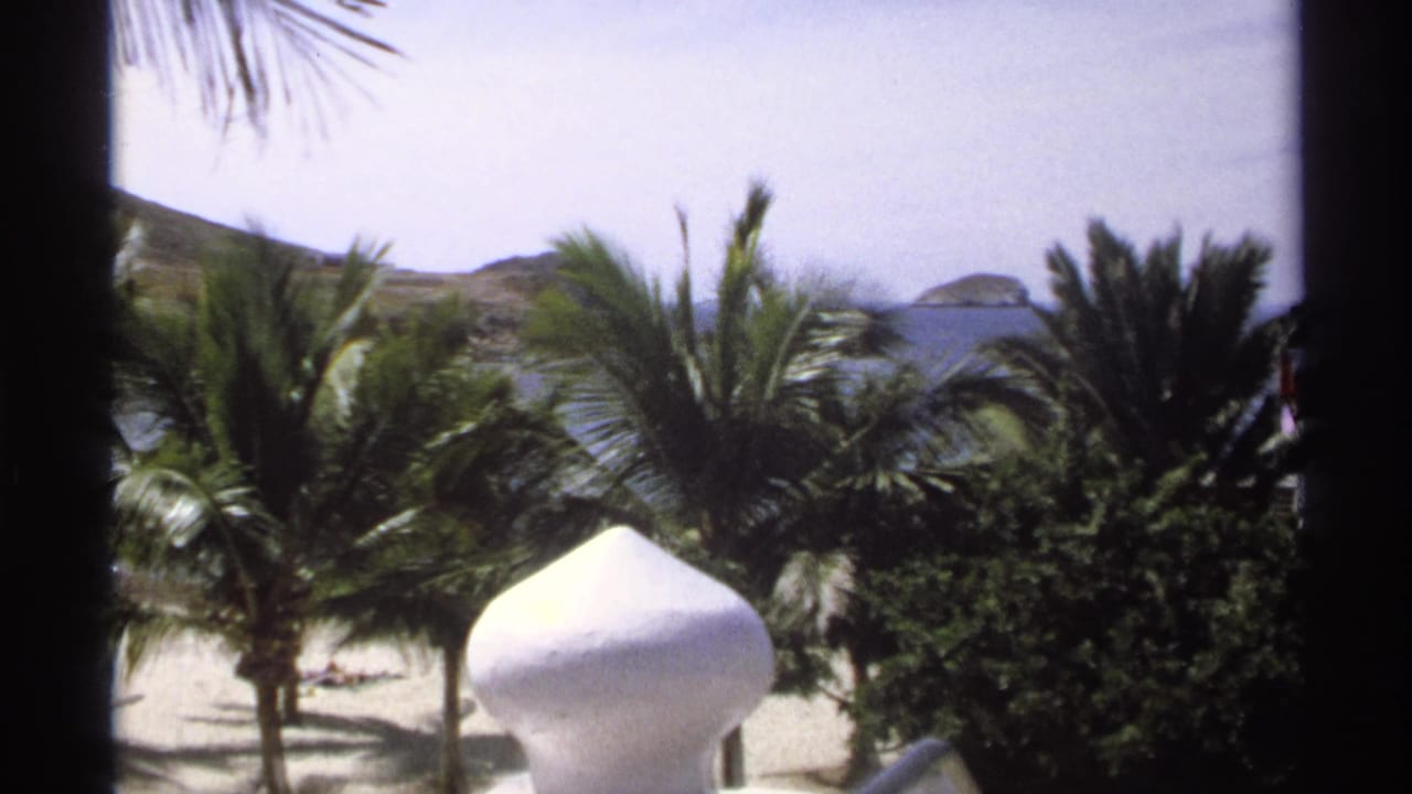 Palm trees and beach seen from a balcony, with ocean and islands beyond.