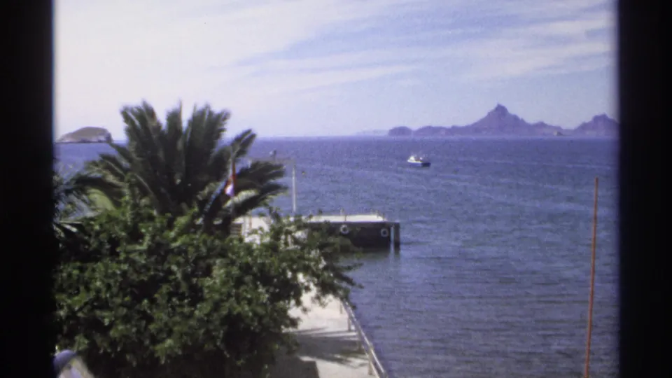 1975 8mm frame of Guaymas coastline with a palm in the foreground, pier below, small boat offshore, and rugged islands in the distance.