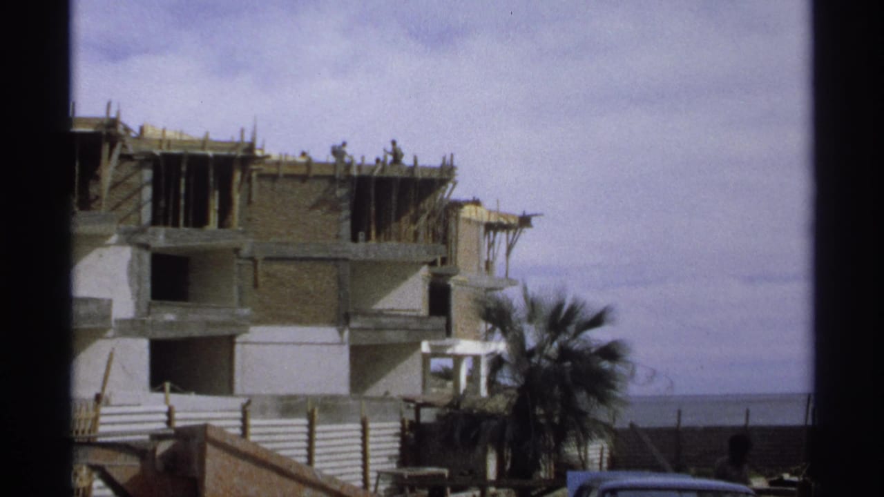Construction site with exposed concrete floors, scaffolding, palm tree, and ocean horizon.