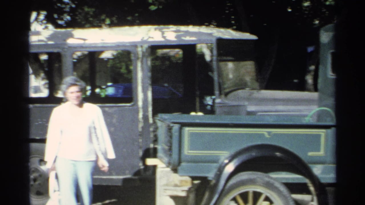 Woman in light clothing stands near a green vintage pickup under trees.
