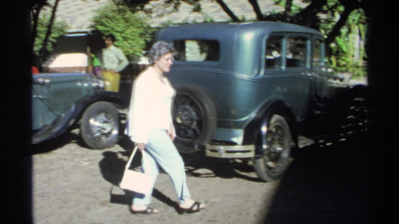 Woman carrying a handbag walks past parked vintage cars in a sunny outdoor area.