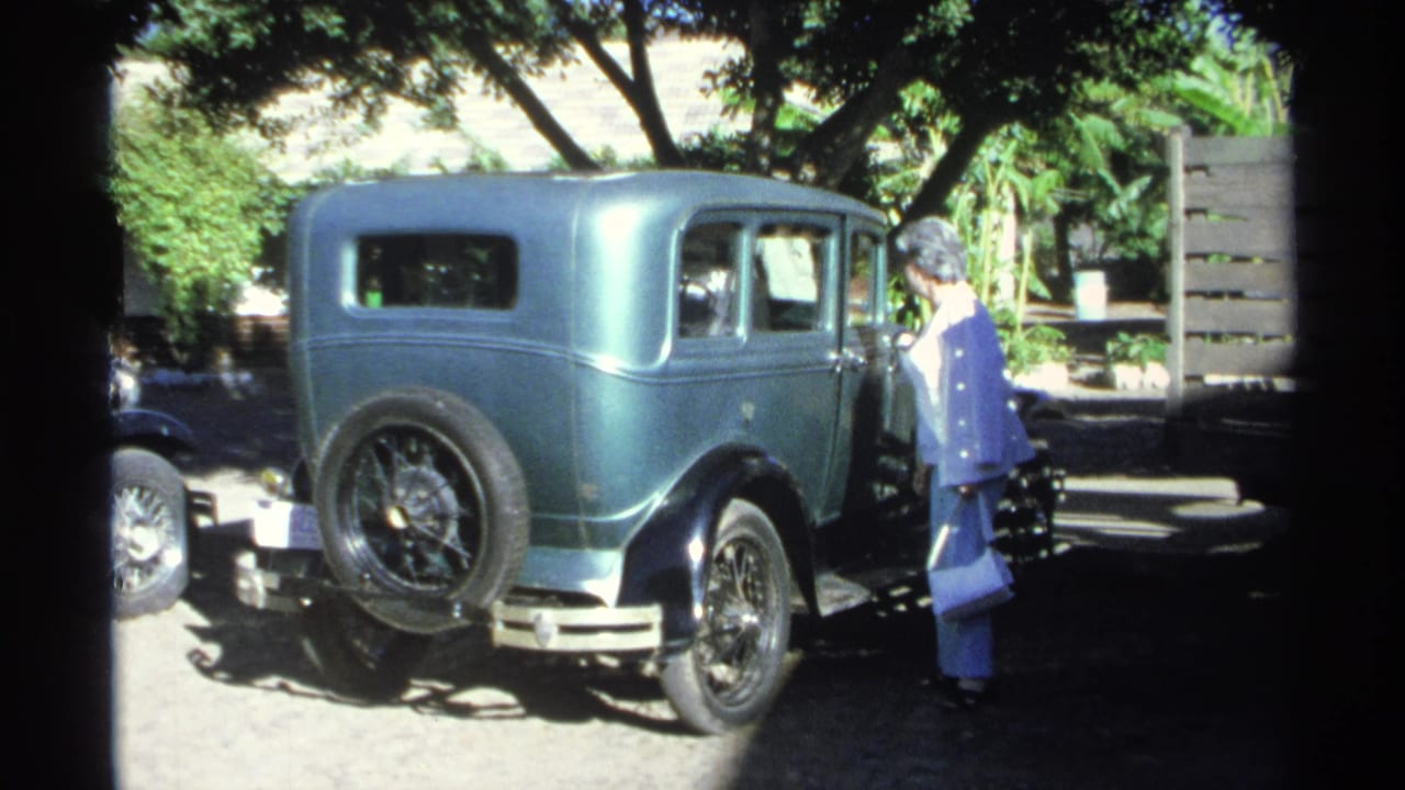 Woman in white shirt stands beside a turquoise vintage sedan under trees.
