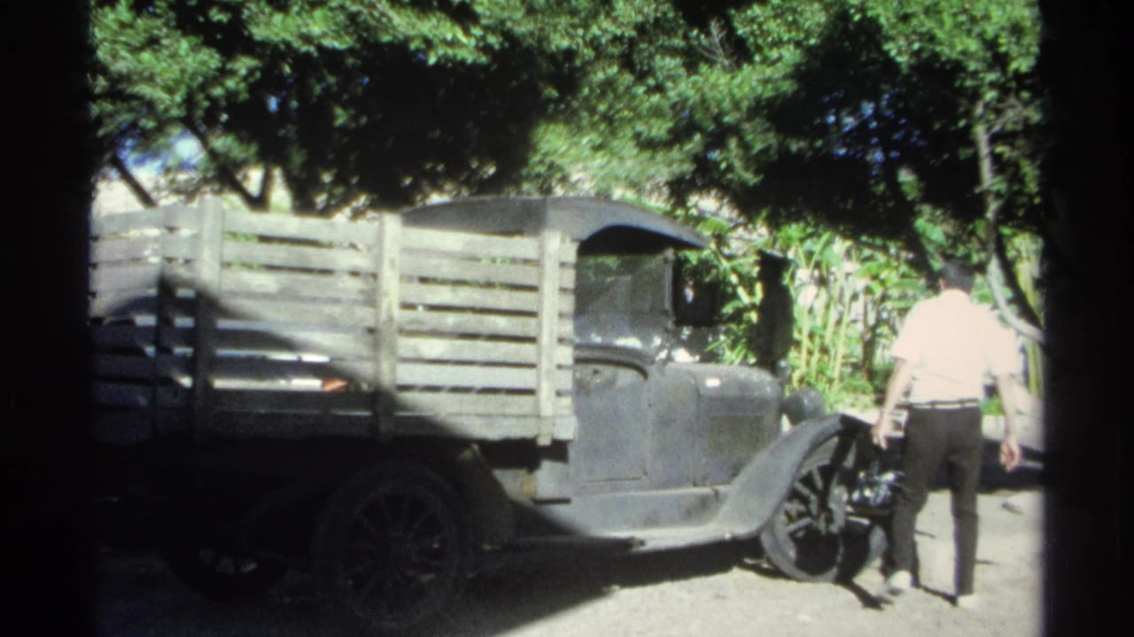 The man is seen from behind moving along the driver's side of the parked black pickup, with leafy shade and sunlit dirt around the vehicle.