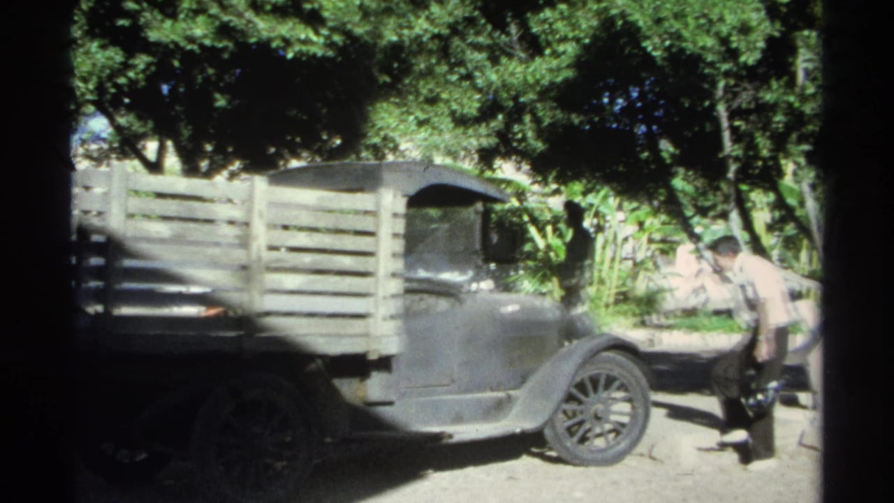 Men stand near a vintage flatbed truck under trees.