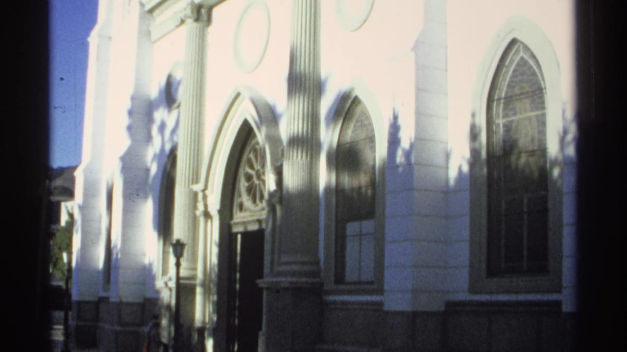 White cathedral facade with arched windows, columns and tree shadows in bright sun.
