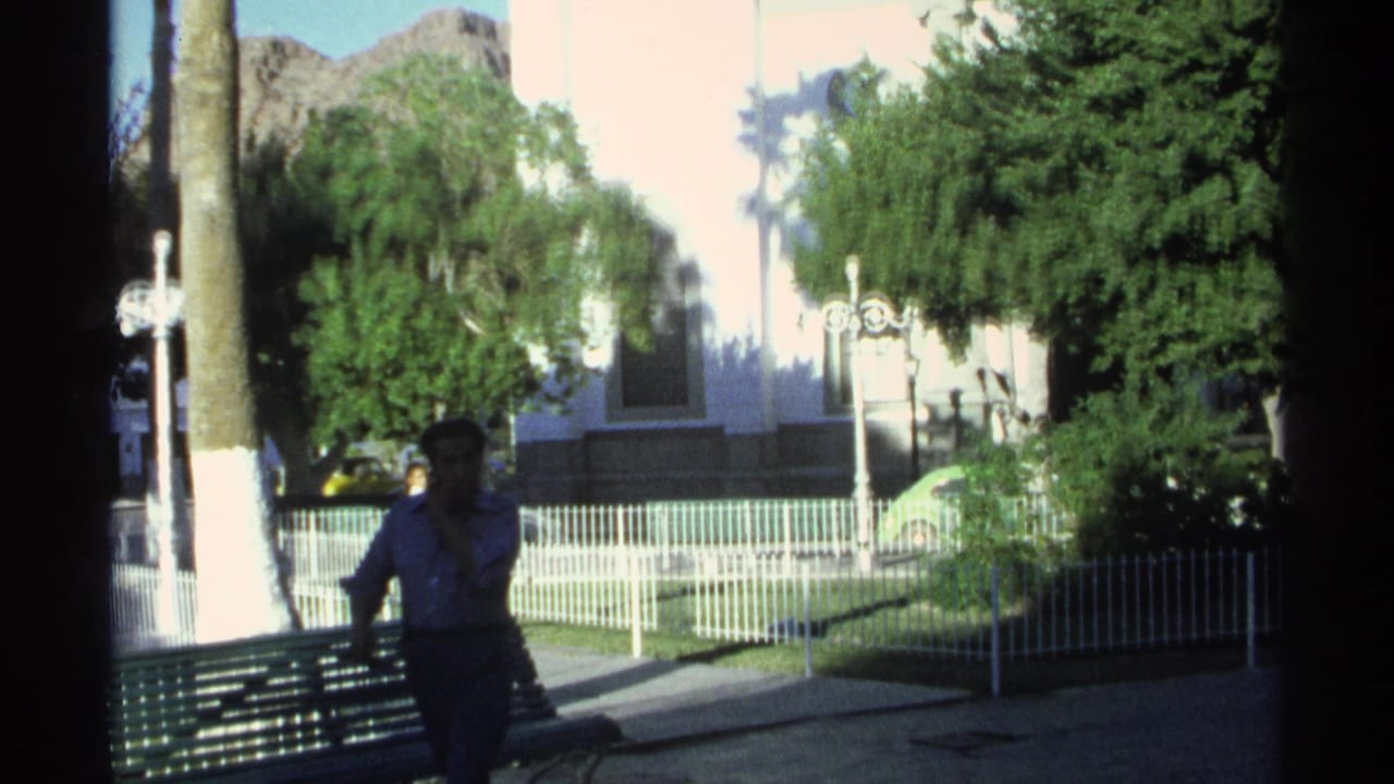 The closing frame shows a man in partial shade near a green bench and white fence, with palm trees and bright foliage in the Guaymas setting.
