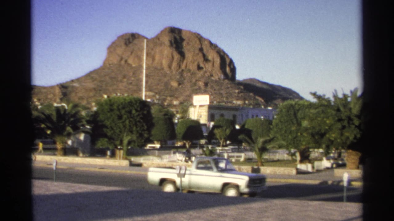 White pickup passing palms and a rocky hill behind dark window bars.
