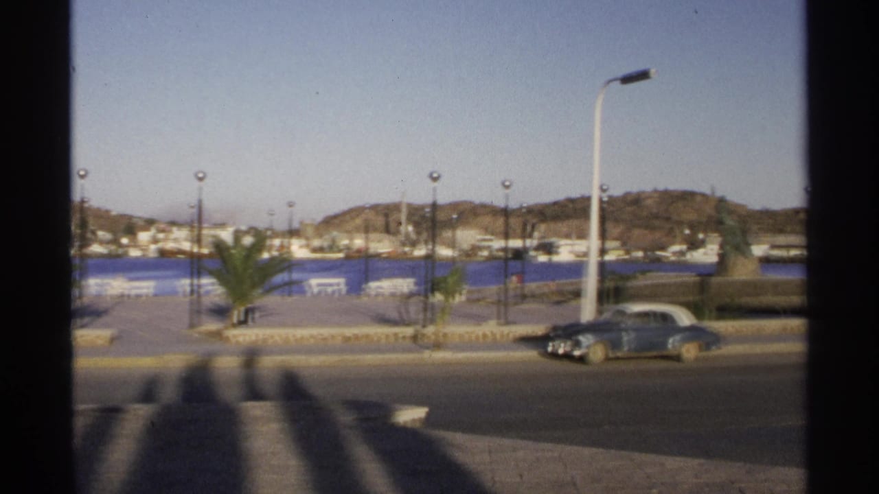 Blue-and-white sedan passing a waterfront road with harbor water, lamps, palms, and hillside beyond.