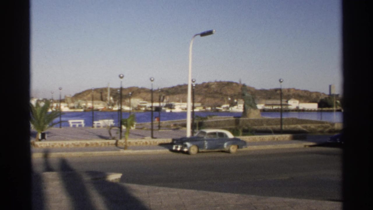 Waterfront road with a sedan near a central monument, palm plantings, harbor water, and hillside.