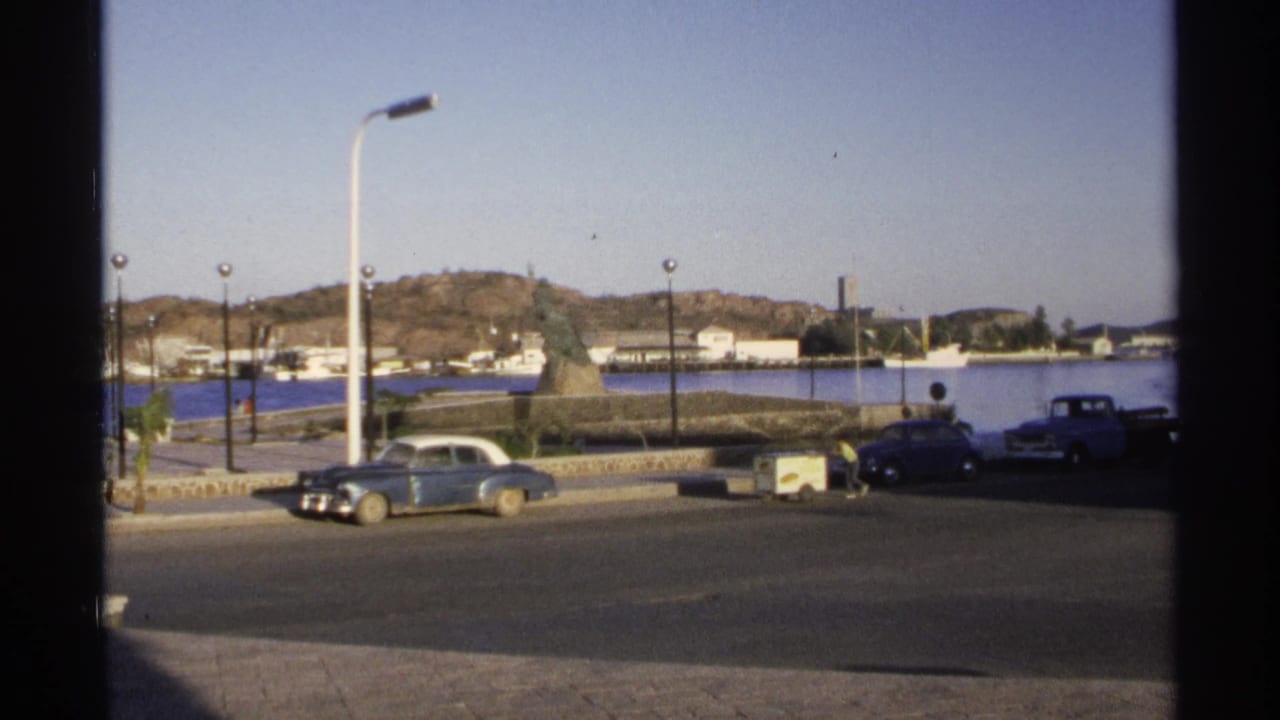 Waterfront road with parked vintage cars, a harbor, hills, and a statue on a stone pedestal.