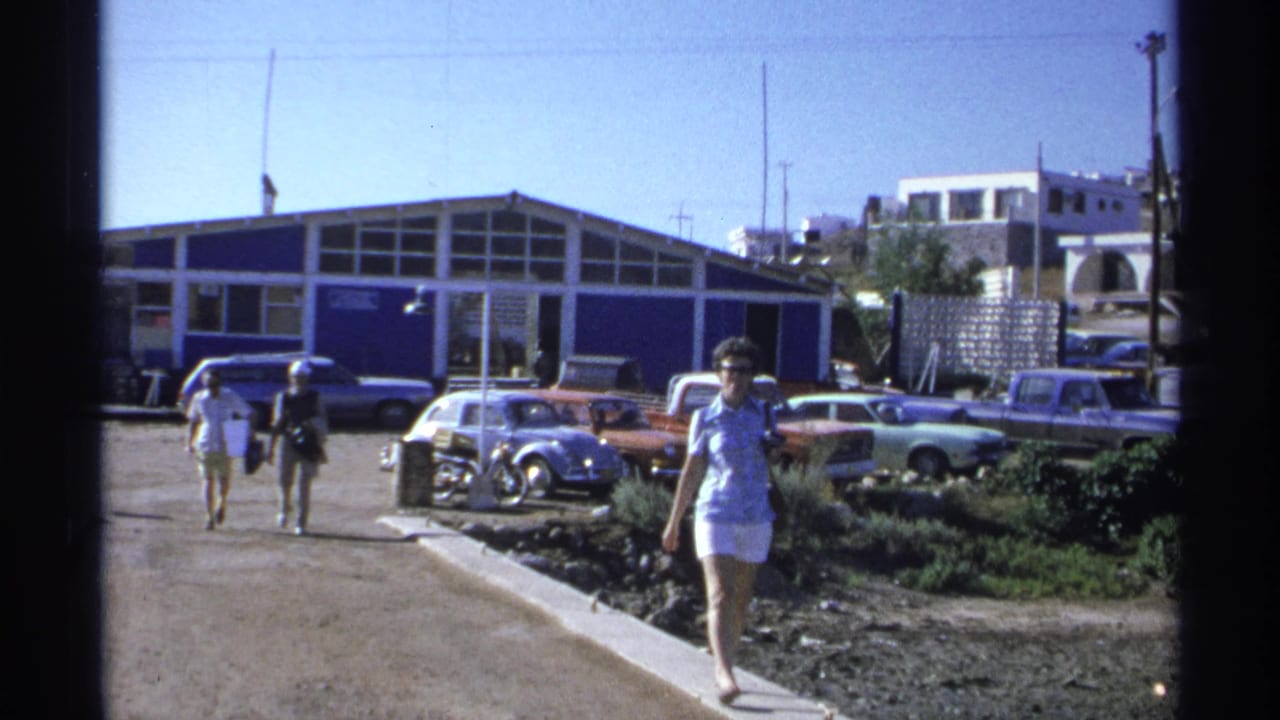 Woman walks on a path near a blue building and parked classic cars.