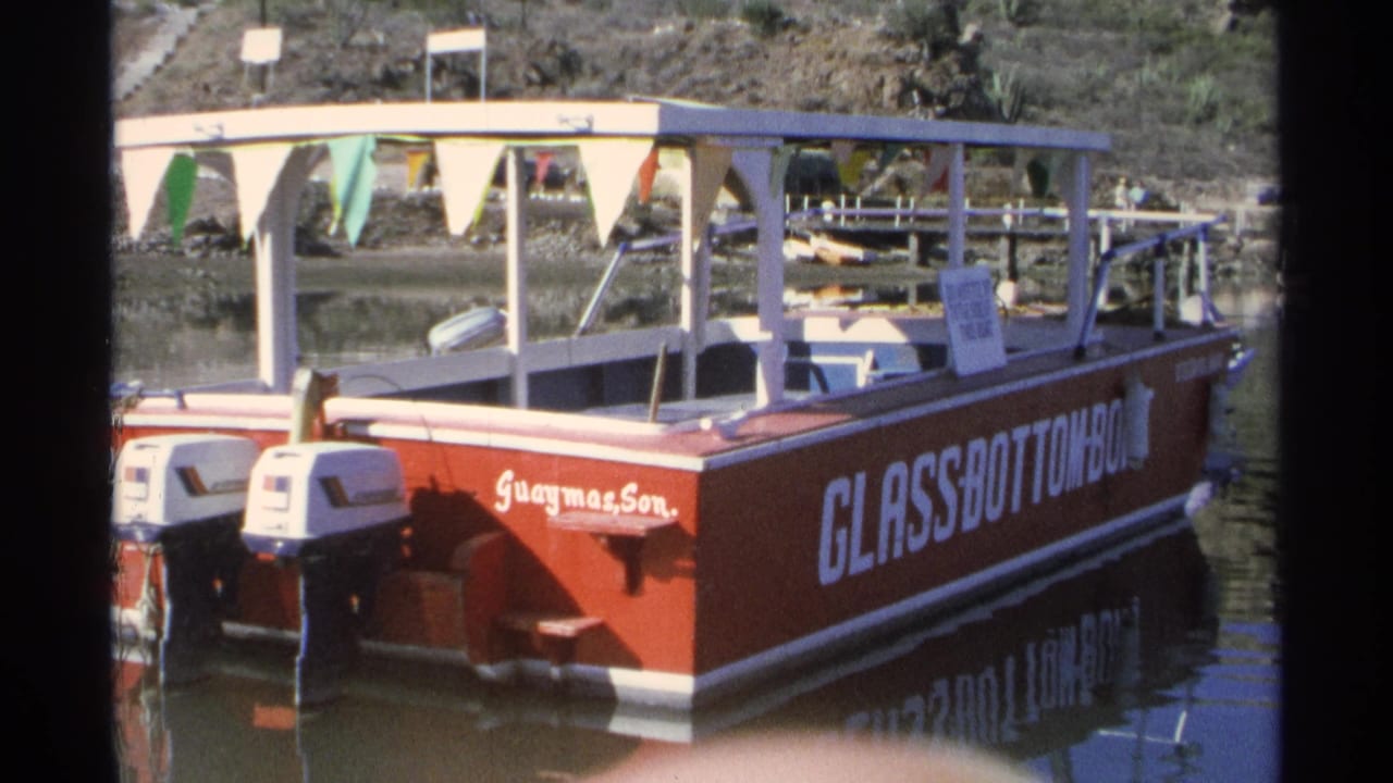 Red glass-bottom boat with white canopy, pennant flags, and outboard motors floats near shore.