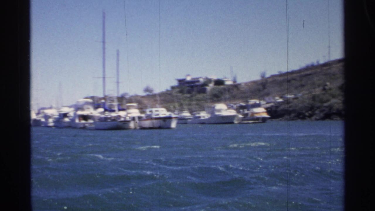 Marina boats and sailboat masts sit across choppy blue water below a dry hillside.