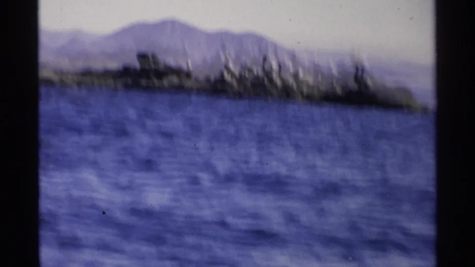 Soft 8mm view of the Guaymas shoreline with birds on rocks, rippled blue water, and hazy mountain forms in the distance.