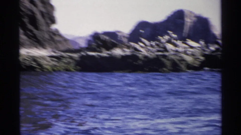 Handheld 8mm frame from Guaymas showing ocean water, a rocky pelican colony, and distant coastal mountains.
