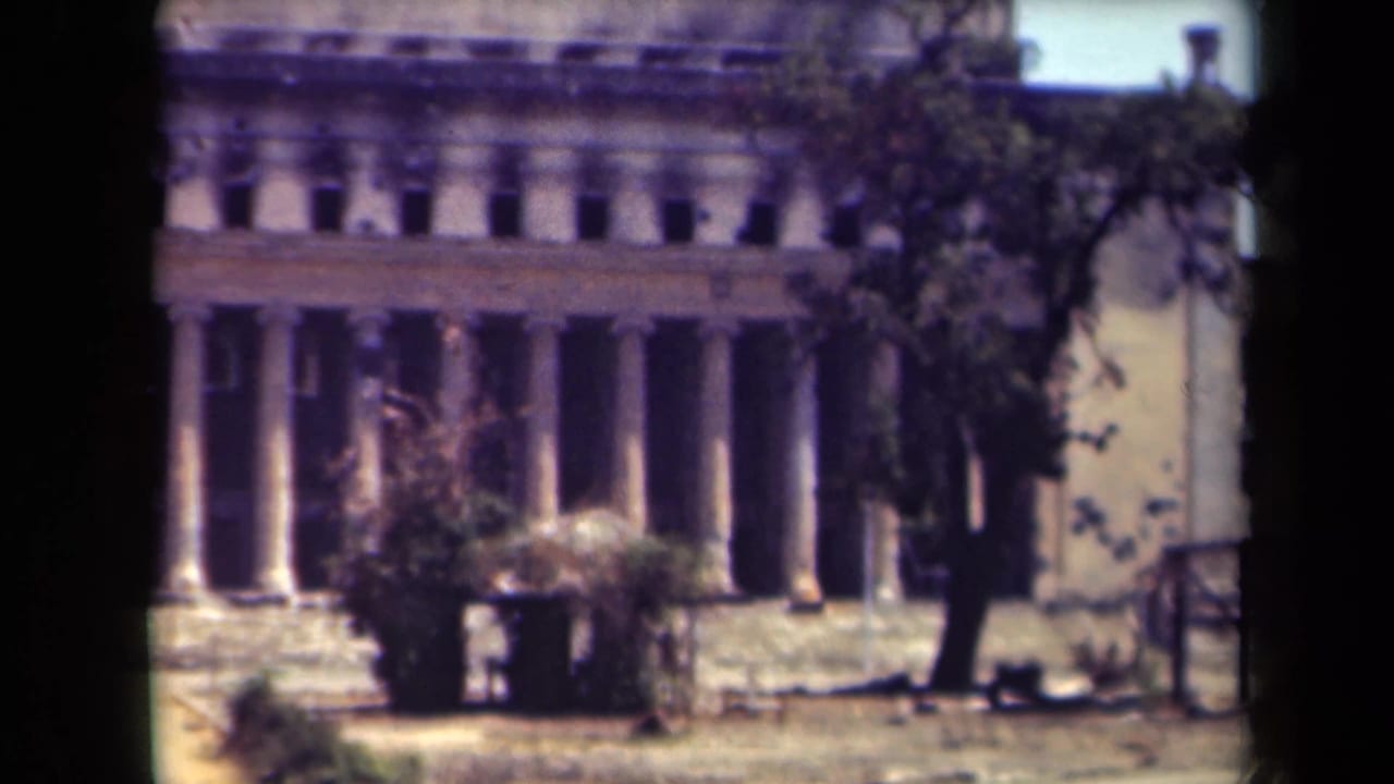 Classical building facade with columns partly obscured by trees.