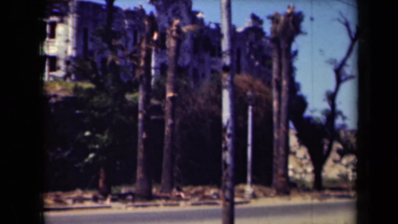 Street view with utility poles, damaged-looking walls, trees, and a partial building behind them.