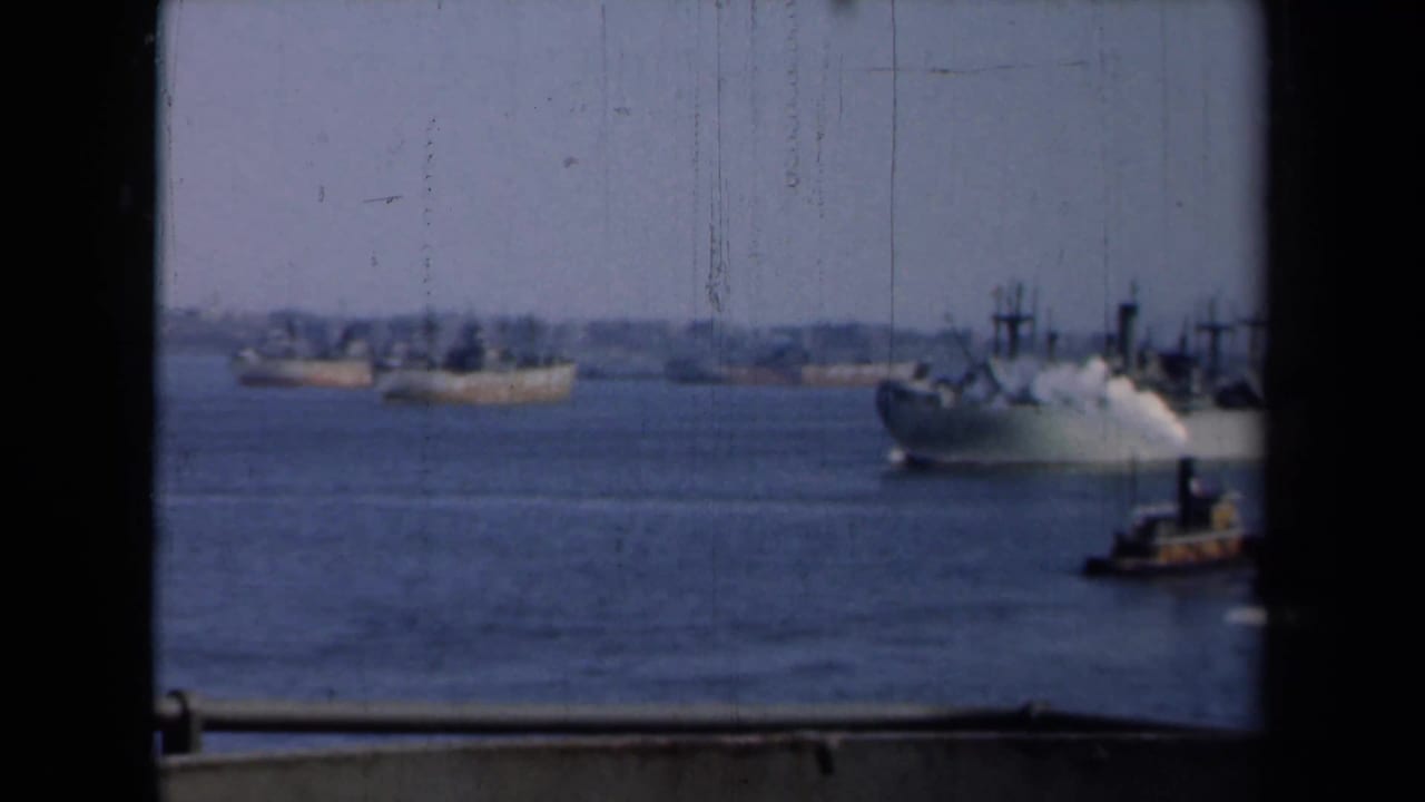 Large ship and smaller vessels on harbor water with a dark vertical frame edge.