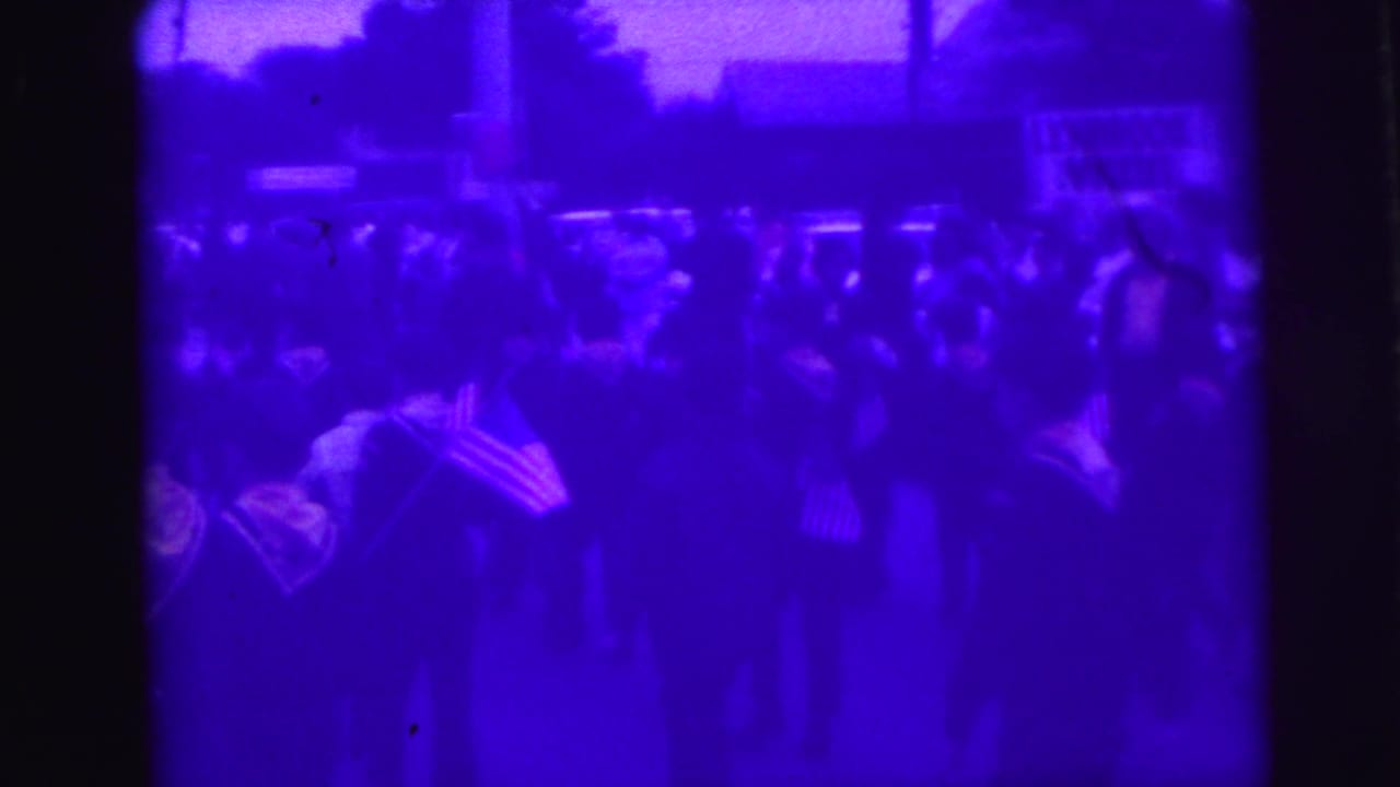 Parade crowd with several flags visible, filmed through a soft purple-blue home-movie image.
