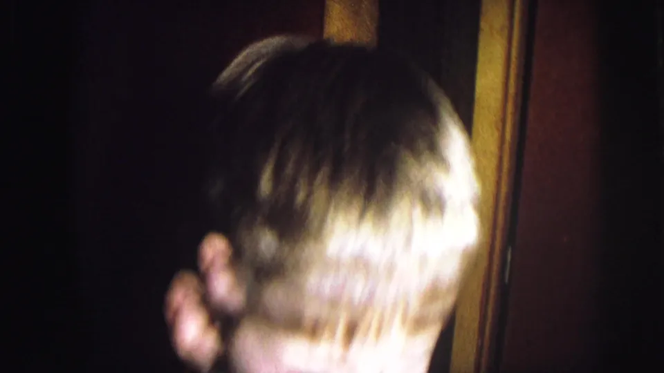 Soft 8mm frame with a blond head partly in the foreground, tree lights at left, and wood paneling in the background.