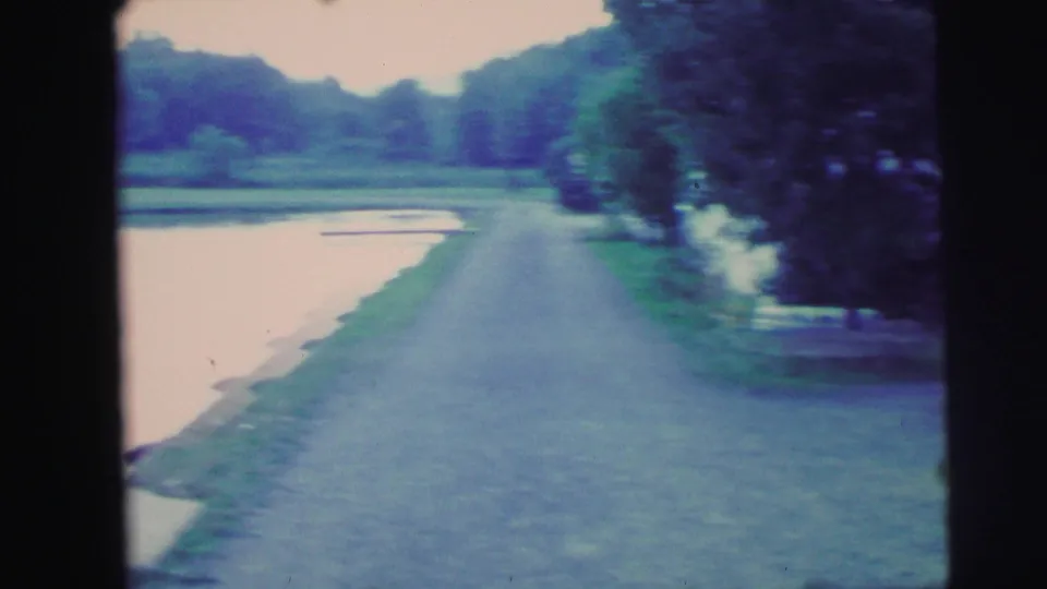 1971 8mm frame of a road or gravel path beside a lake, with trees, shrubs, and bright water along the left side.