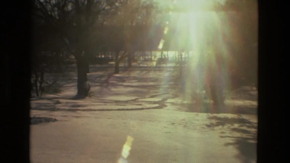 1970s 8mm home-movie frame of snow-covered woodland floor, bare trees, long shadows, and bright sun flare.