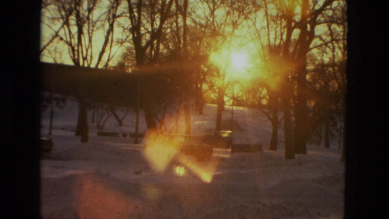 1978 8mm home-movie frame showing low golden sunlight through bare trees above a snowy outdoor landscape, with flare and soft focus.