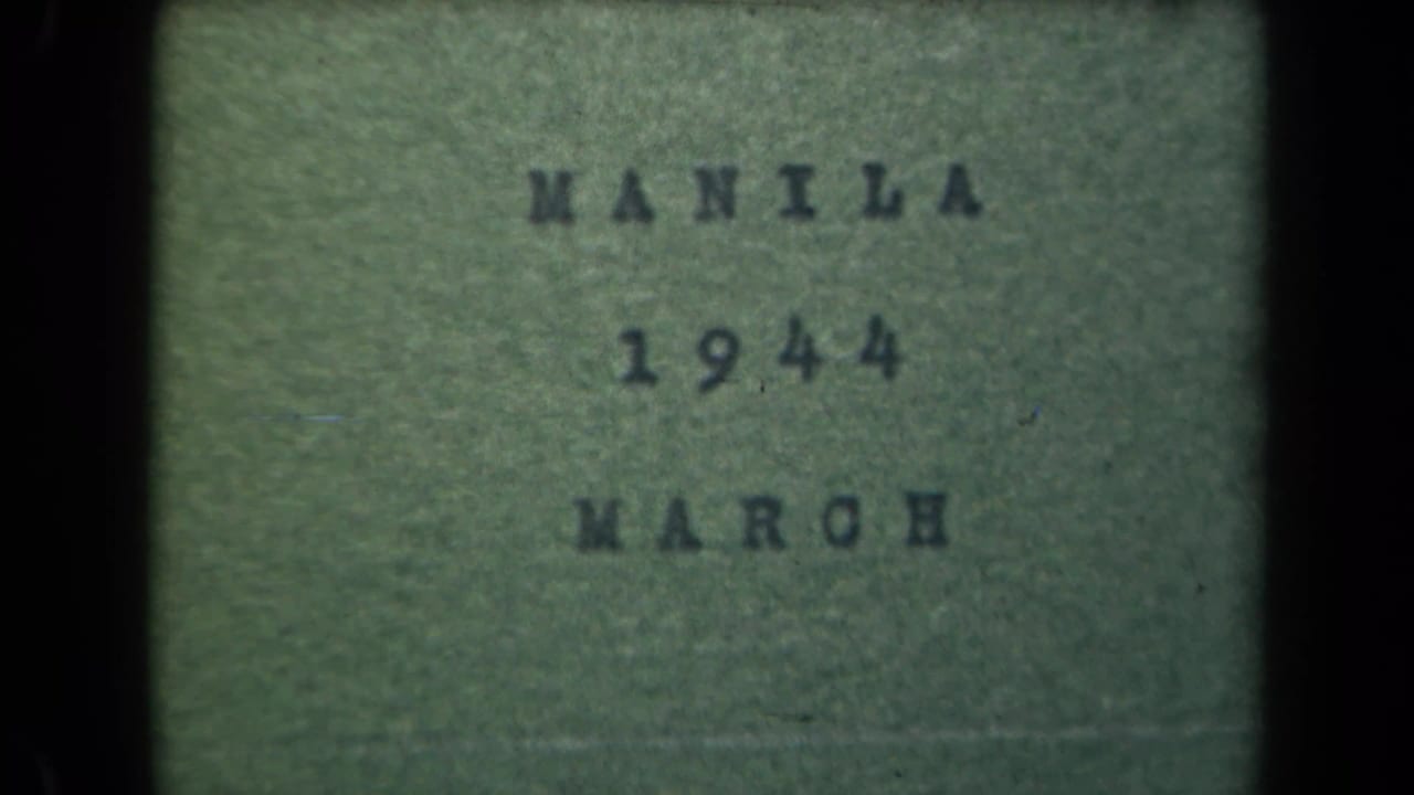 Repeated title card text MANILA 1944 MARCH on a grainy green film frame.