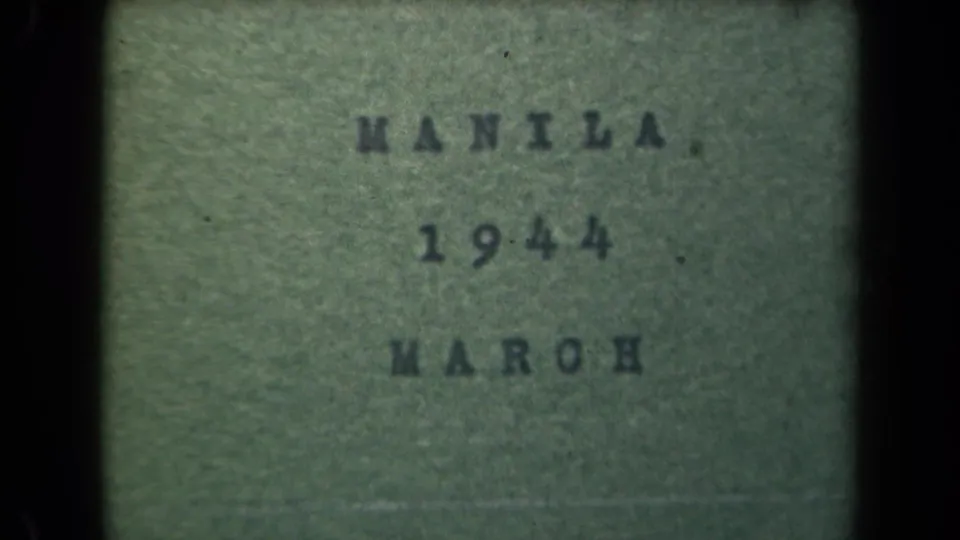 Final extracted frame of the Manila March 1944 title card, showing typed lettering, green-tinted stock, dark gate edge, and worn film texture.