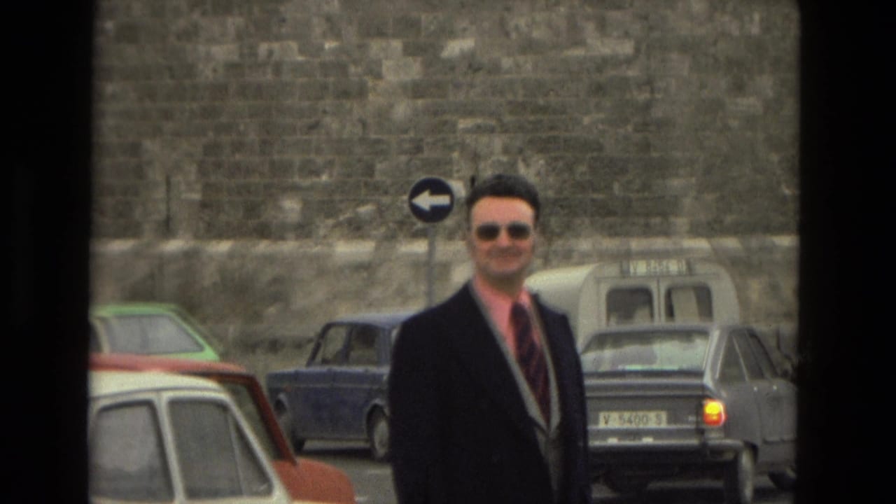 Man in a dark suit and sunglasses stands near parked cars and a stone wall.