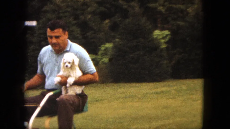 A closer handheld frame shows the man steering the mower and holding the small white dog, with the grassy yard and trees blurred behind them.