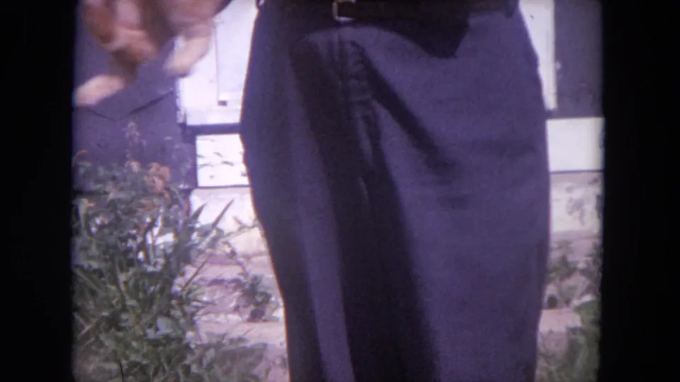 1972 Chicago home-movie frame with the orange tabby partly cropped at left as the adult remains framed from waist to legs outdoors.