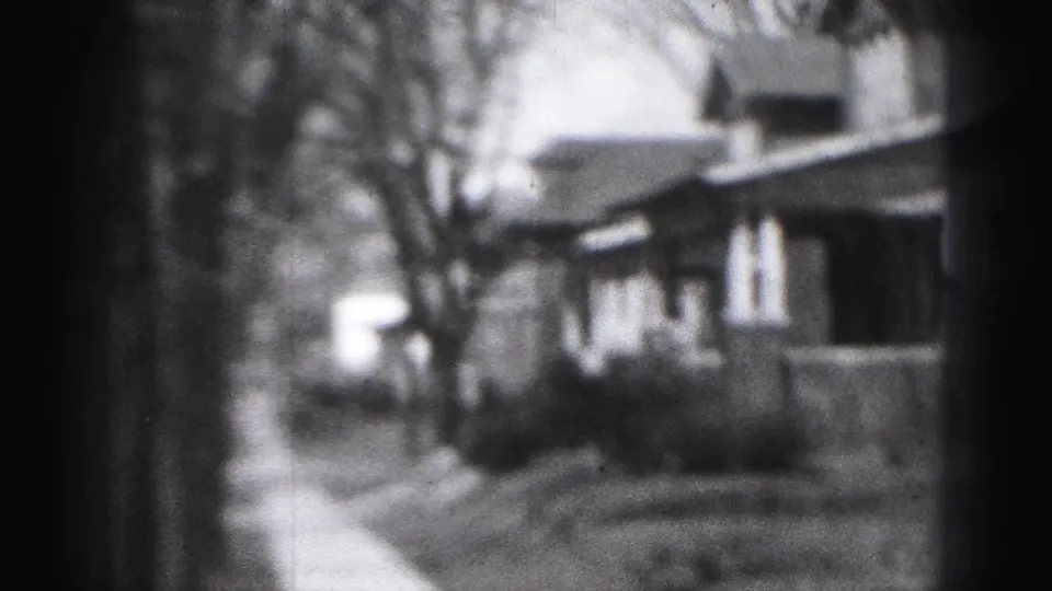 Soft 8mm view along a Harrisburg residential sidewalk with a house front, porch, bare trees, and winterlike yard.