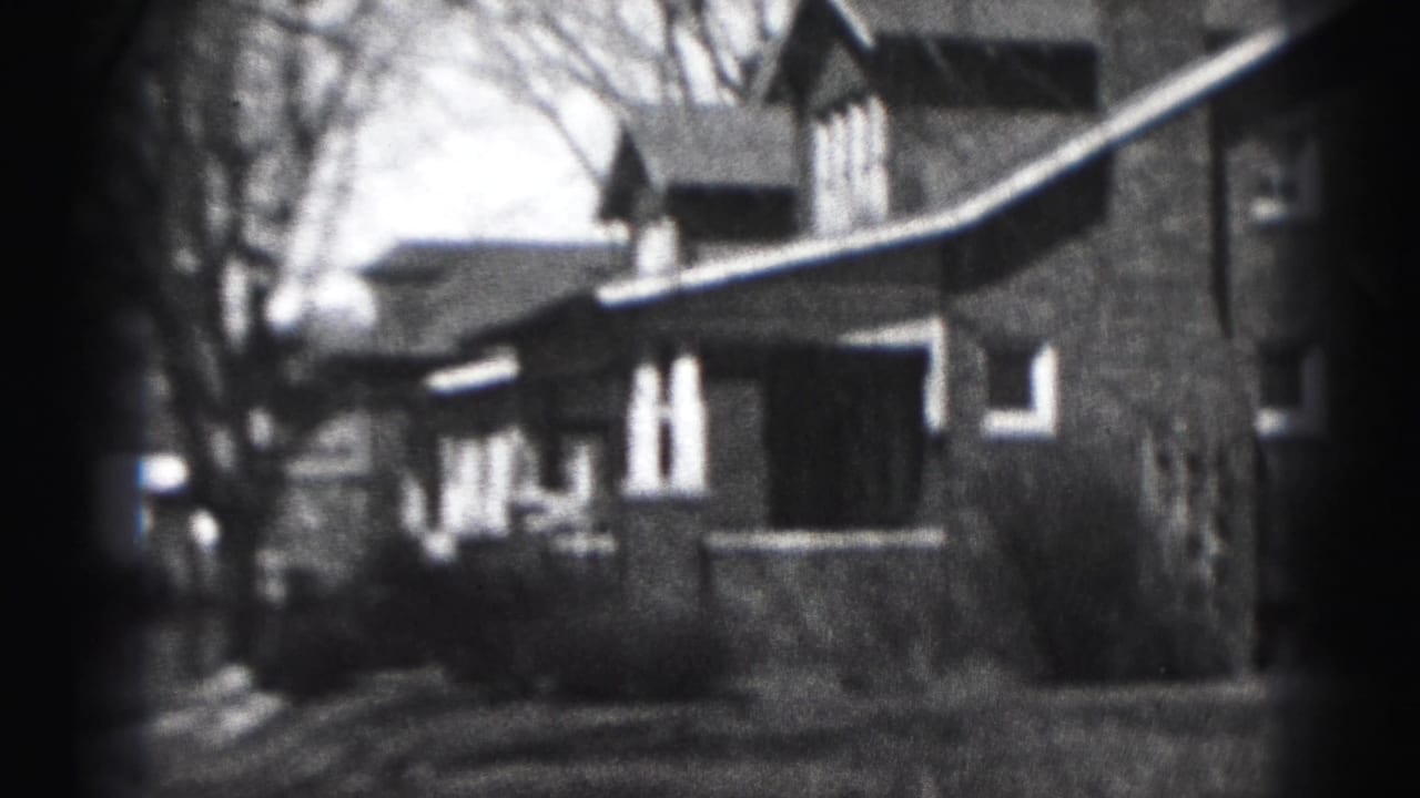 Soft black-and-white street view of a brick house with gabled roof and bare trees.