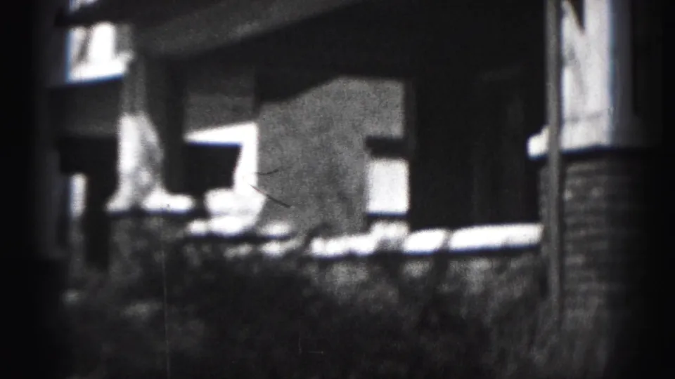 1946 Harrisburg home-movie frame showing a shadowed porch, brick column bases, and low shrubs outside a house.