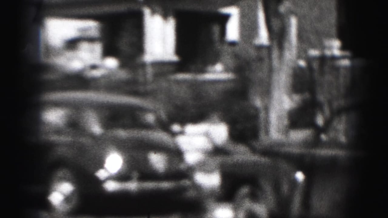 Soft-focus street view with a parked car, house fronts, and a tree trunk.
