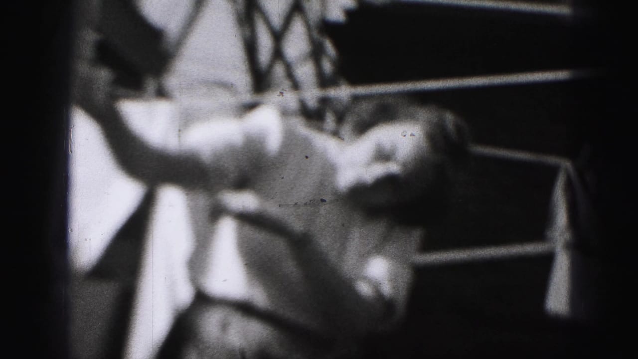 Woman holds a sheet close to a clothesline with steps or railing behind her.