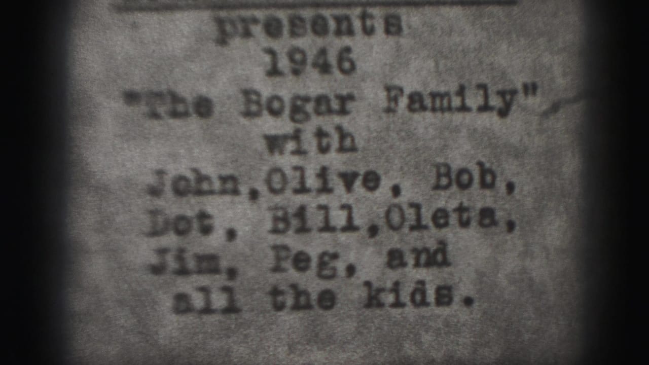 1946 8mm title card from Harrisburg, Pennsylvania, with typewritten text presenting The Bogar Family and several names.