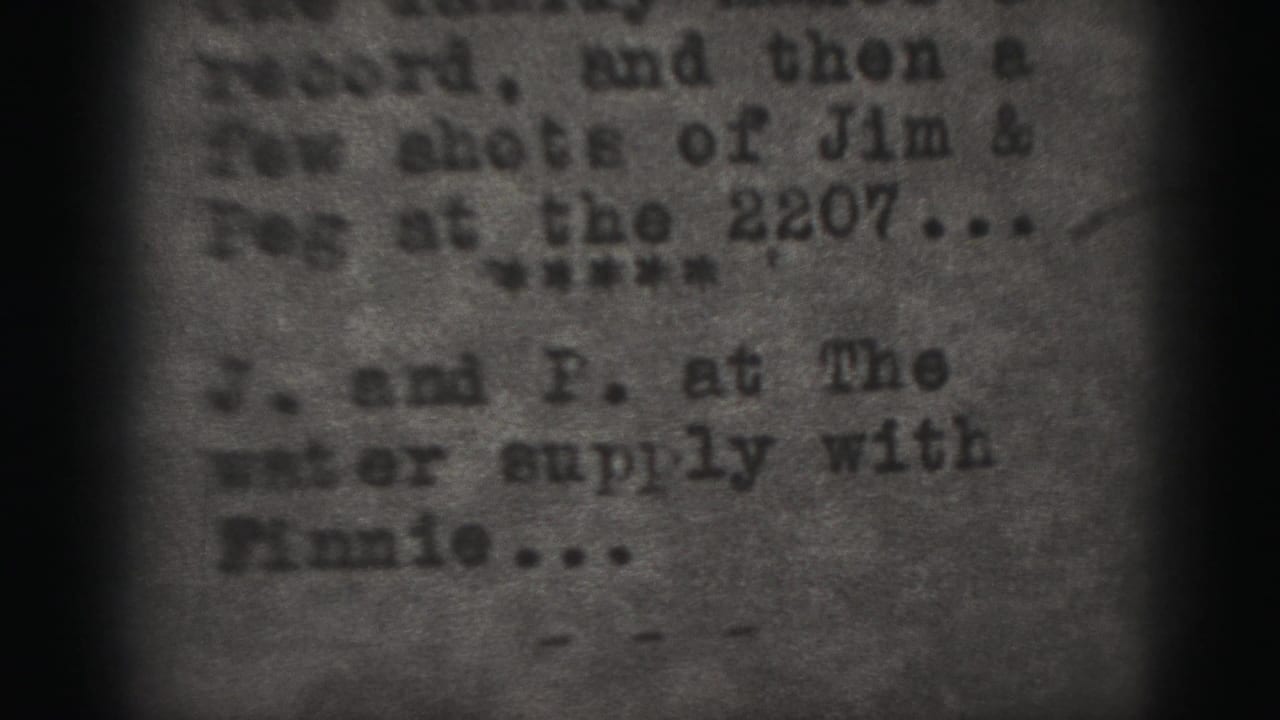 1946 Harrisburg 8mm title card with blurred typewritten text about Jim, Peg, and a water supply visit.